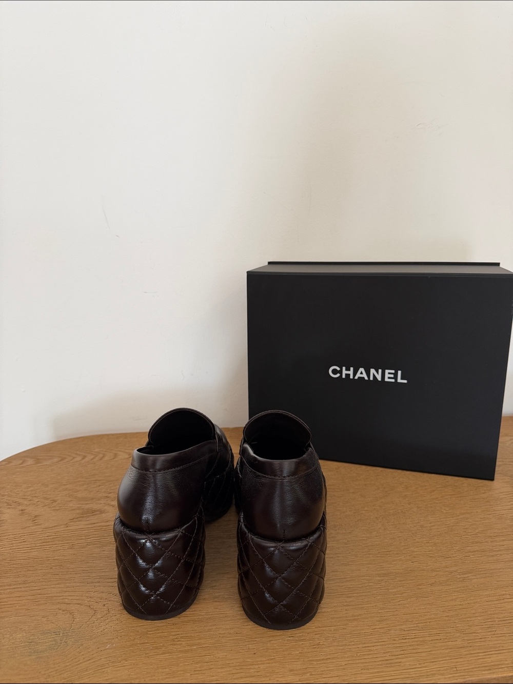 CHANEL Brown Quilted Platform Penny Loafers with Gold CC - Picture 5 of 9
